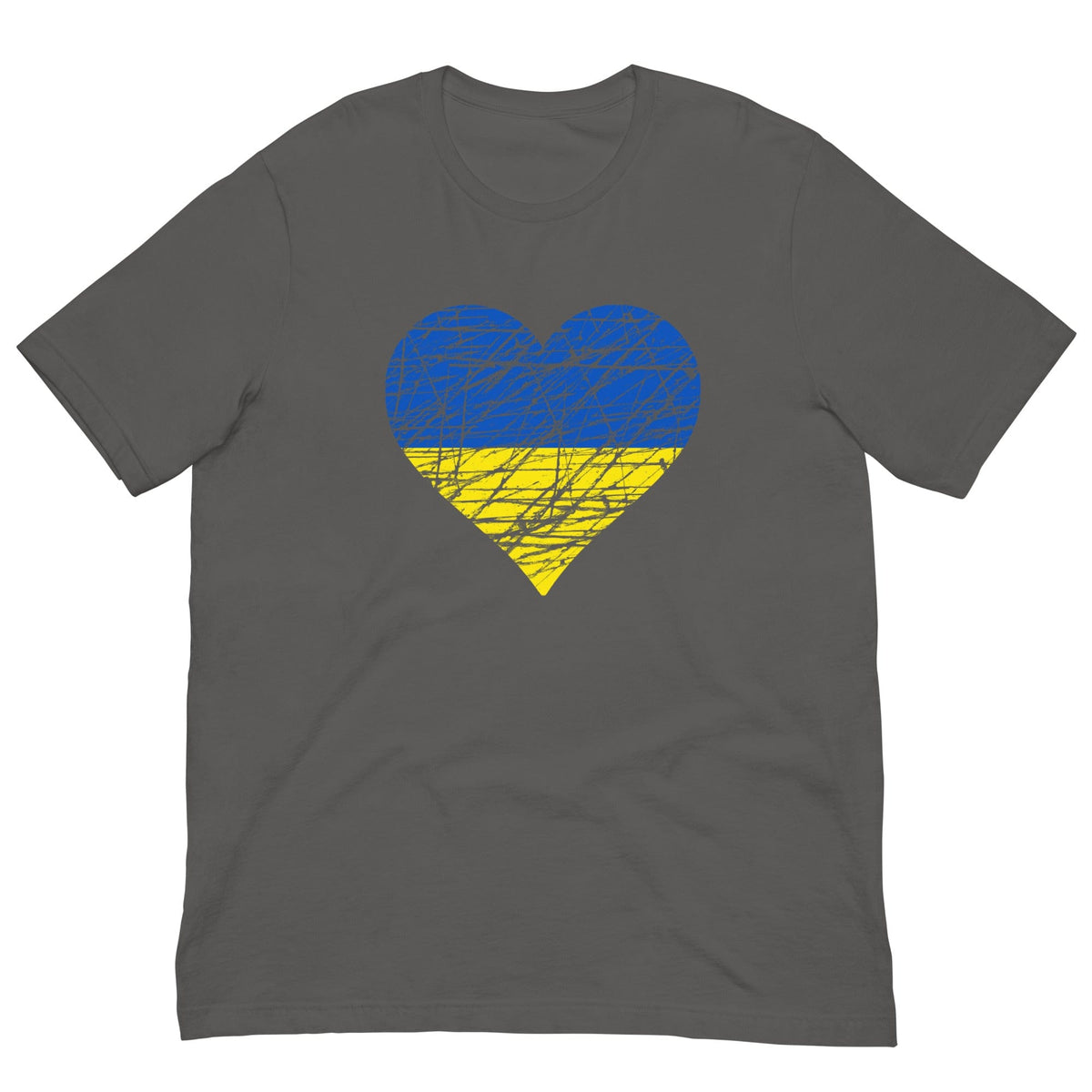 Charcoal grey T-shirt with blue-yellow heart flag graphic on front