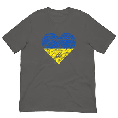 Charcoal grey T-shirt with blue-yellow heart flag graphic on front