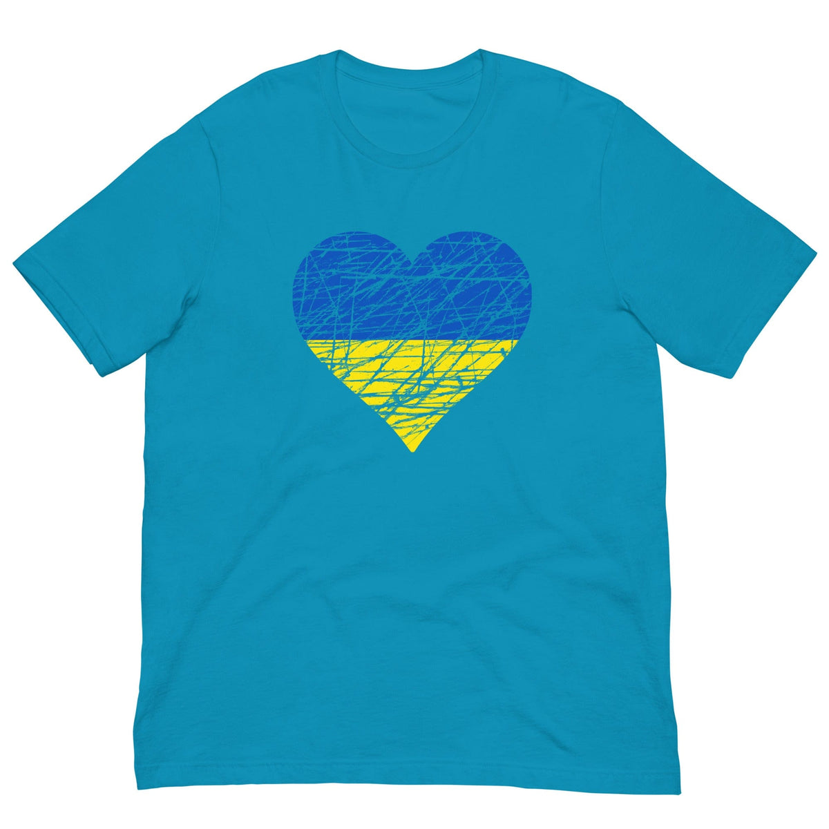 Aqua blue T-shirt with blue-yellow heart flag graphic on front