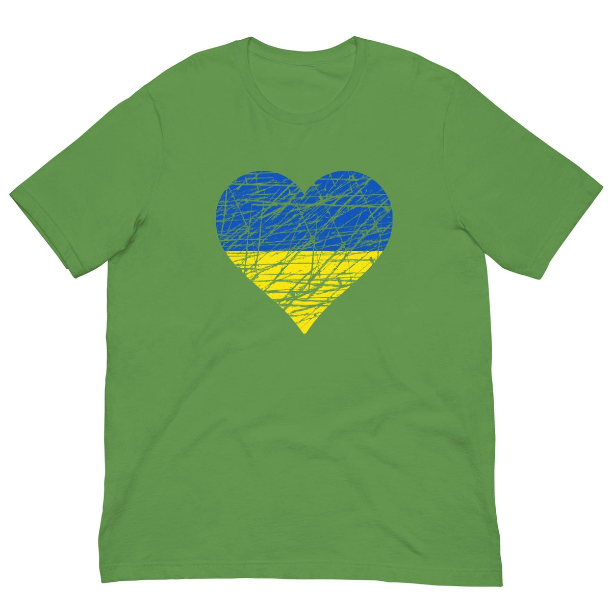 Green T-shirt with blue-yellow heart flag graphic centered on front