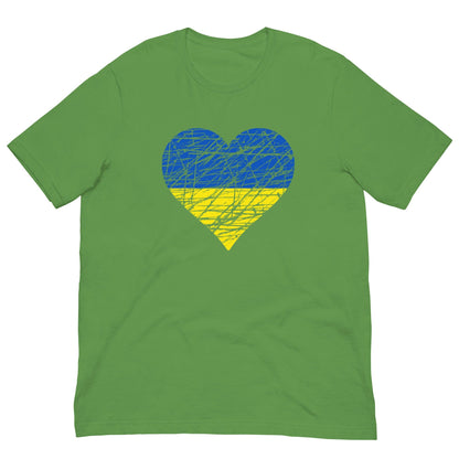 Green T-shirt with blue-yellow heart flag graphic centered on front