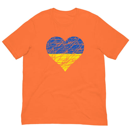 Orange T-shirt with blue-yellow heart flag graphic centered on front