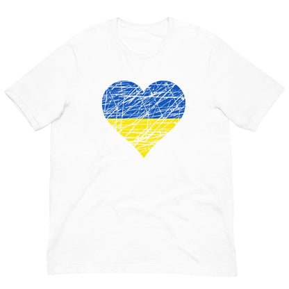 White T-shirt with blue-and-yellow heart flag graphic on chest