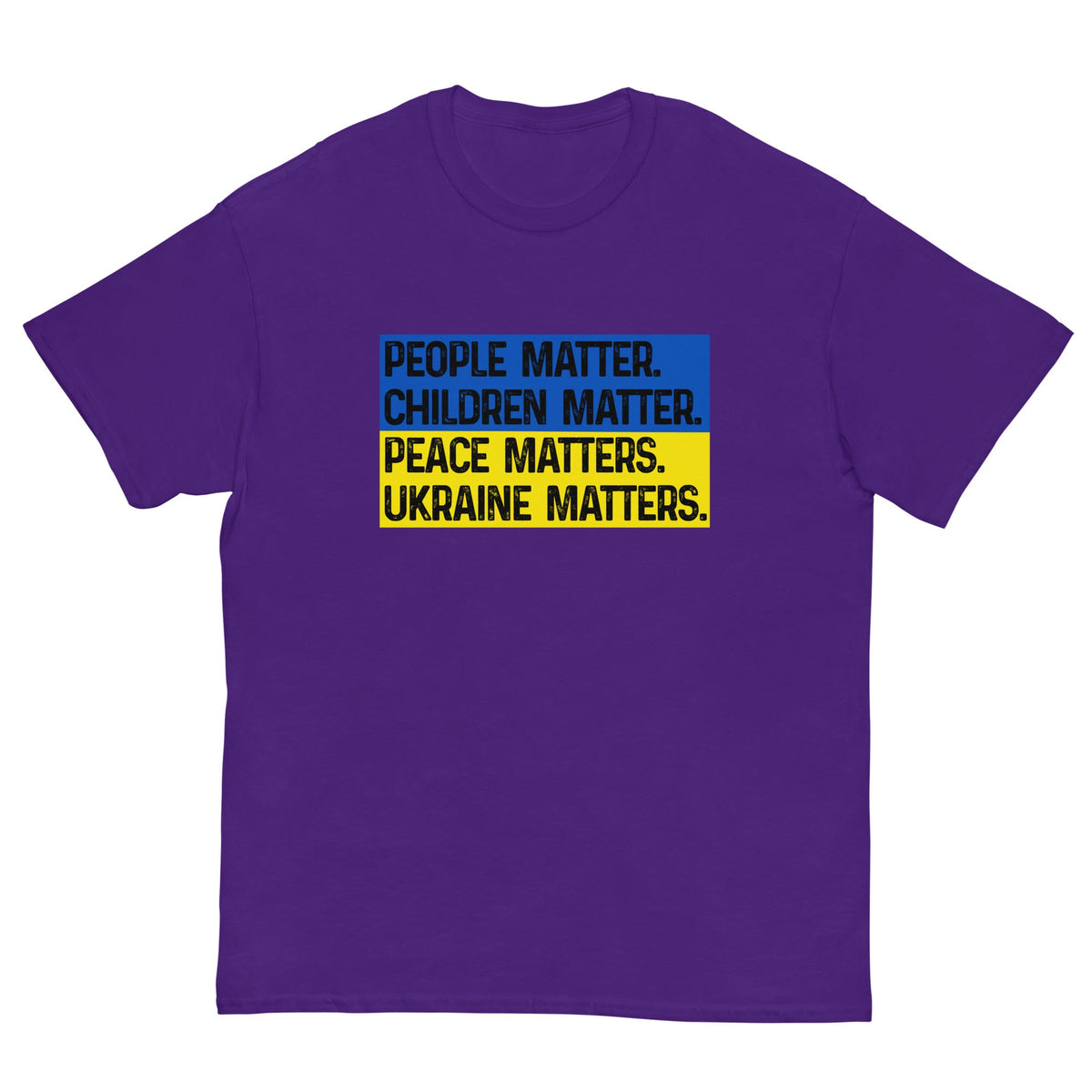 Short-sleeve purple T-shirt with “PEACE MATTERS. UKRAINE MATTERS.” front print