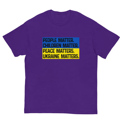 Short-sleeve purple T-shirt with “PEACE MATTERS. UKRAINE MATTERS.” front print