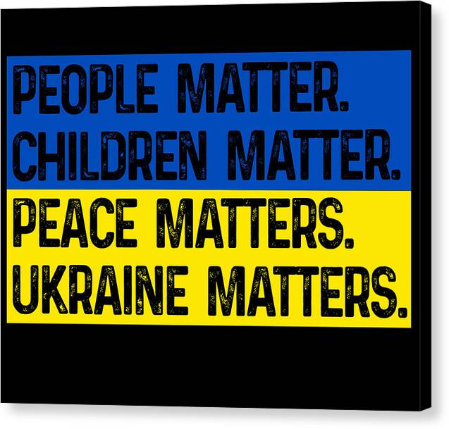 Black-wrapped canvas print with blue/yellow bands and bold multi-line slogan text