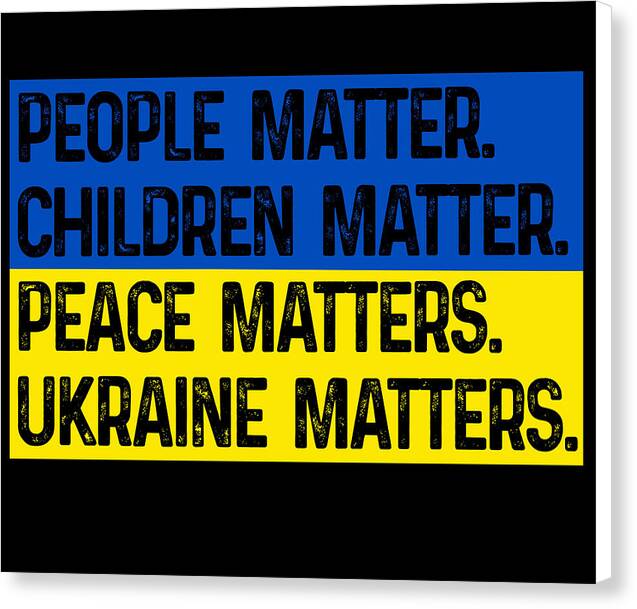White-wrapped canvas print with blue/yellow bands and bold multi-line slogan text