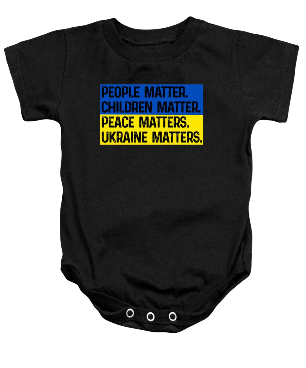 Black baby onesie with front graphic text "Ukraine matters"