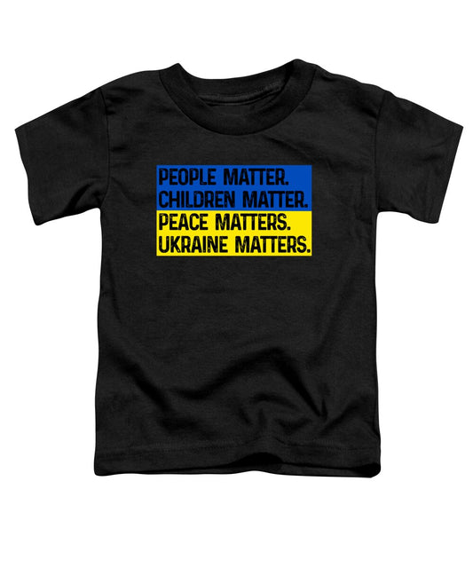 Toddler t-shirt in black with text graphic: CHILDREN MATTER and UKRAINE MATTERS