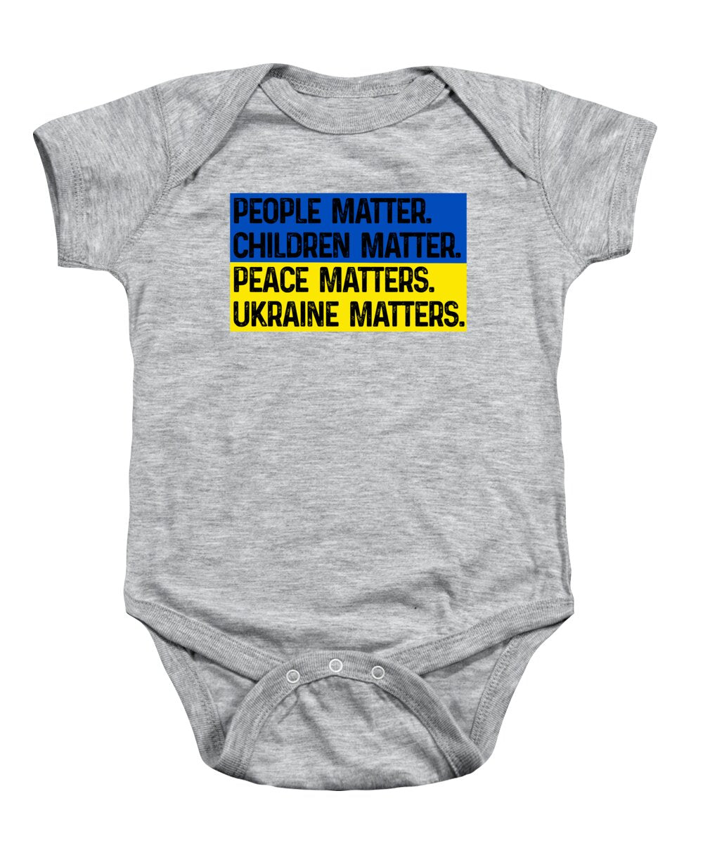 Gray baby onesie with front graphic text "Ukraine matters"