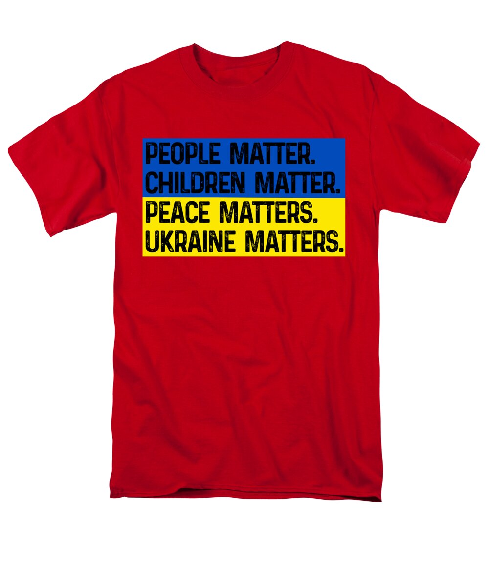 Red men's t-shirt with front slogan print: 'PEOPLE MATTER... UKRAINE MATTERS'.