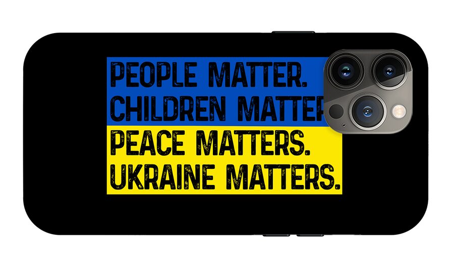 Black phone case with bold blue, yellow, and white text: PEOPLE MATTER, CHILDREN MATTER.