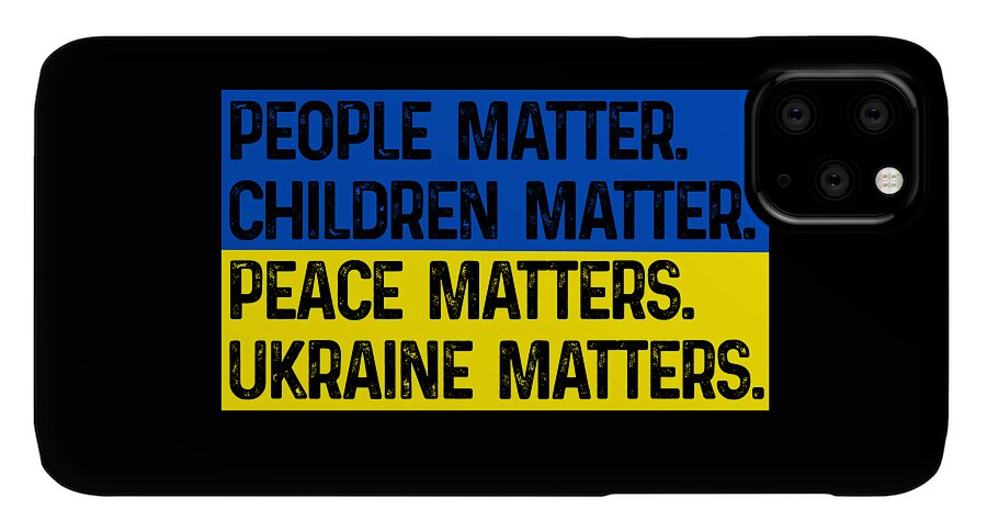 Black phone case with blue and yellow slogan panel “UKRAINE MATTERS” and rear camera module