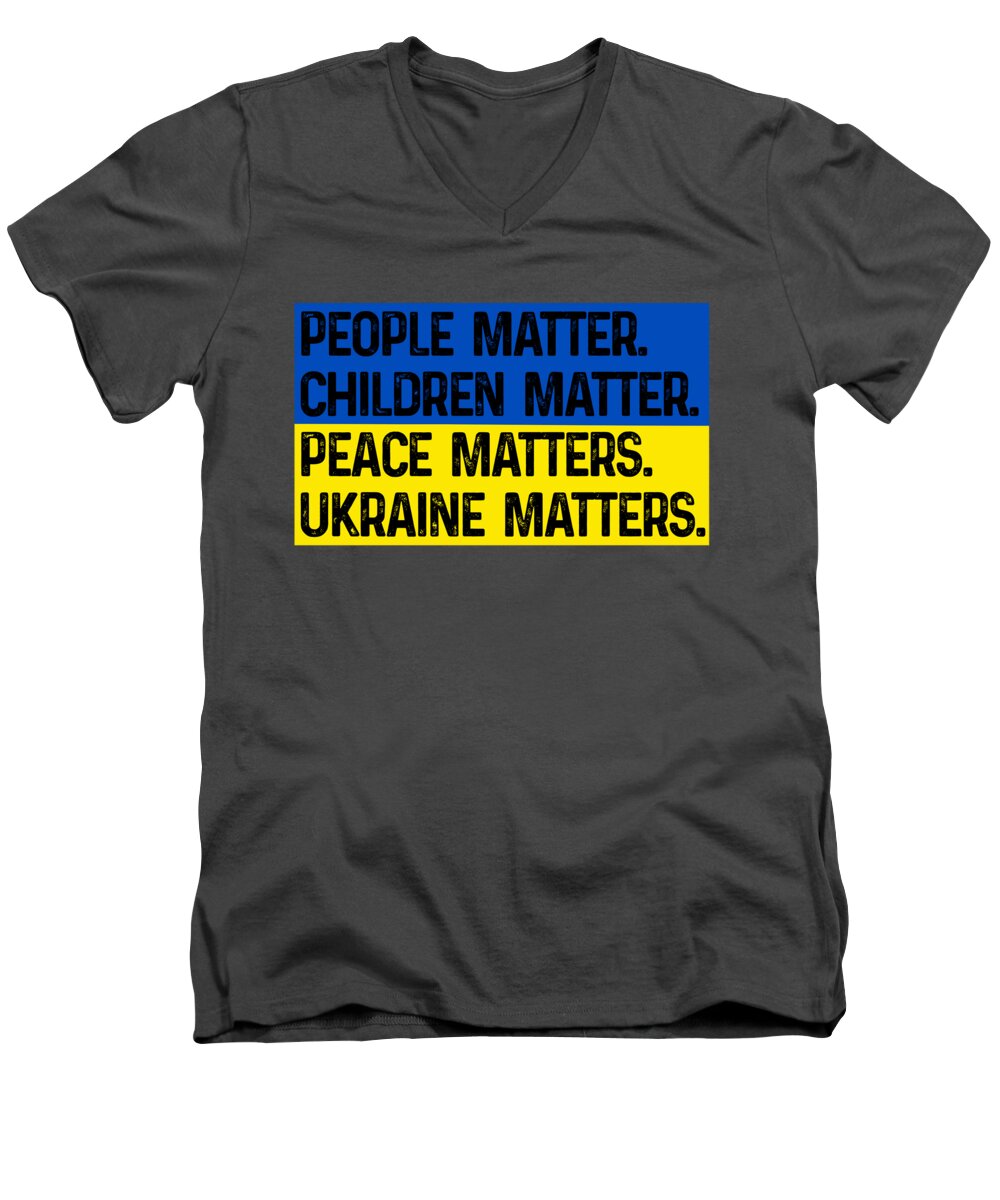 Men's V-neck t-shirt, charcoal gray, front 'Ukraine matters' slogan graphic