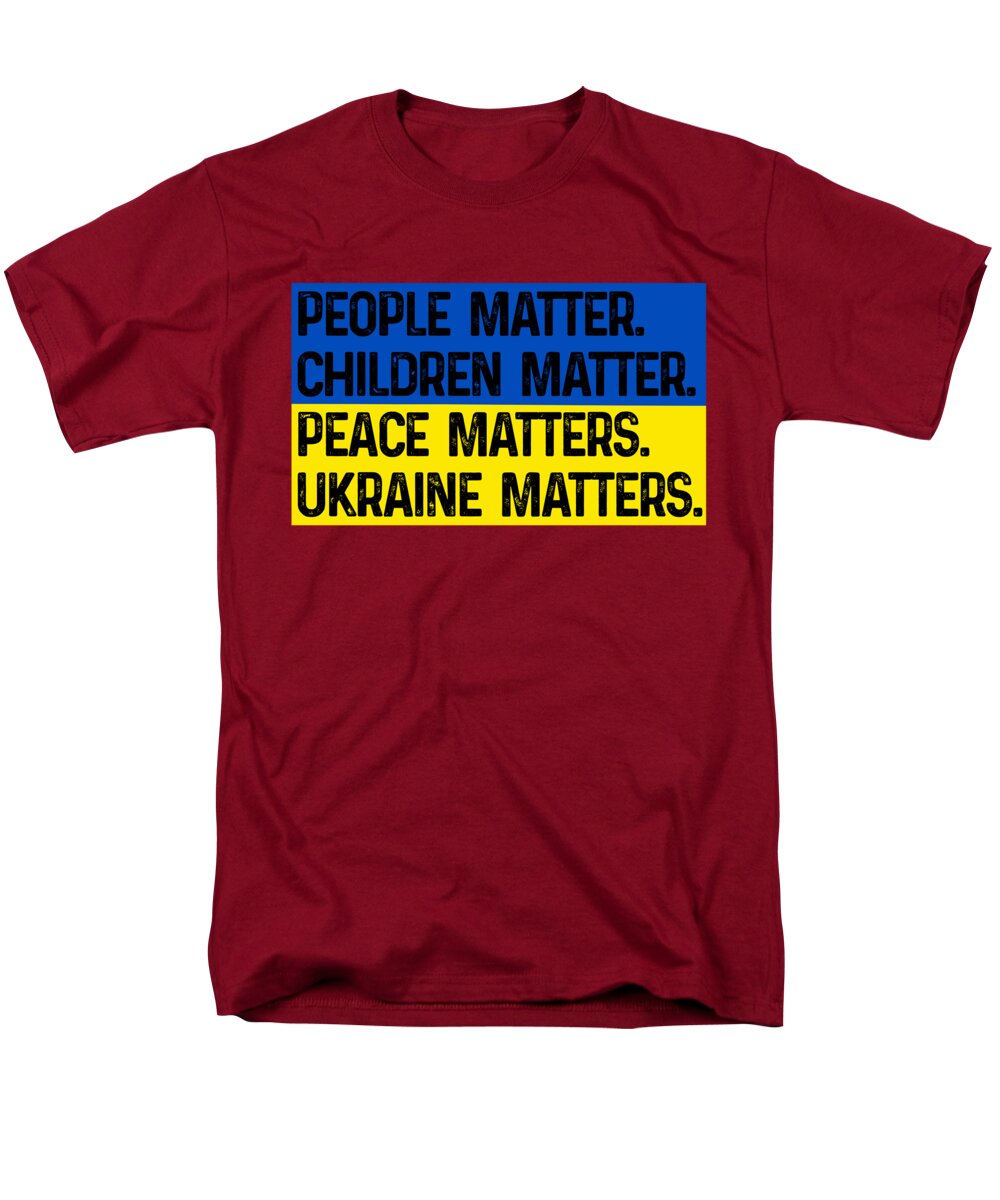 Men's red T-shirt with front graphic text: PEOPLE MATTER, CHILDREN MATTER, UKRAINE MATTERS.