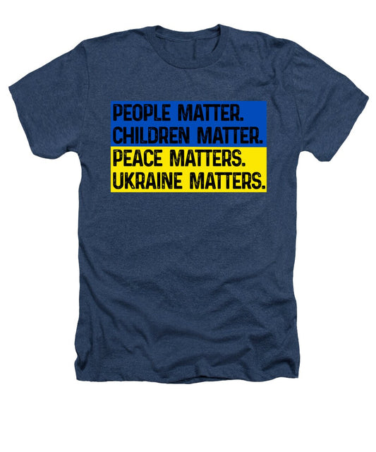 Dark navy heather T-shirt with colorful front slogan graphic