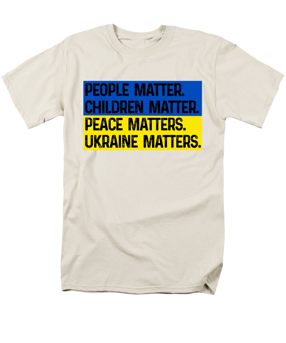 Men's cream T-shirt with front graphic text: PEOPLE MATTER, CHILDREN MATTER, UKRAINE MATTERS.