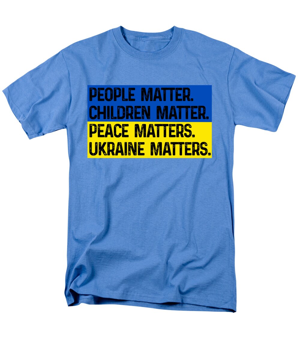 Men's light blue T-shirt with front graphic text: PEOPLE MATTER, CHILDREN MATTER, UKRAINE MATTERS.