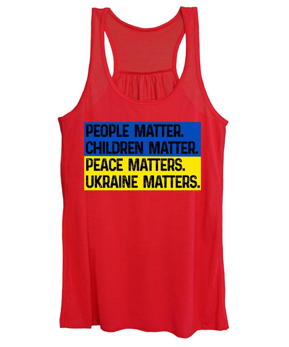 Red women's tank top with People Matter slogan graphic and Ukraine Matters text.