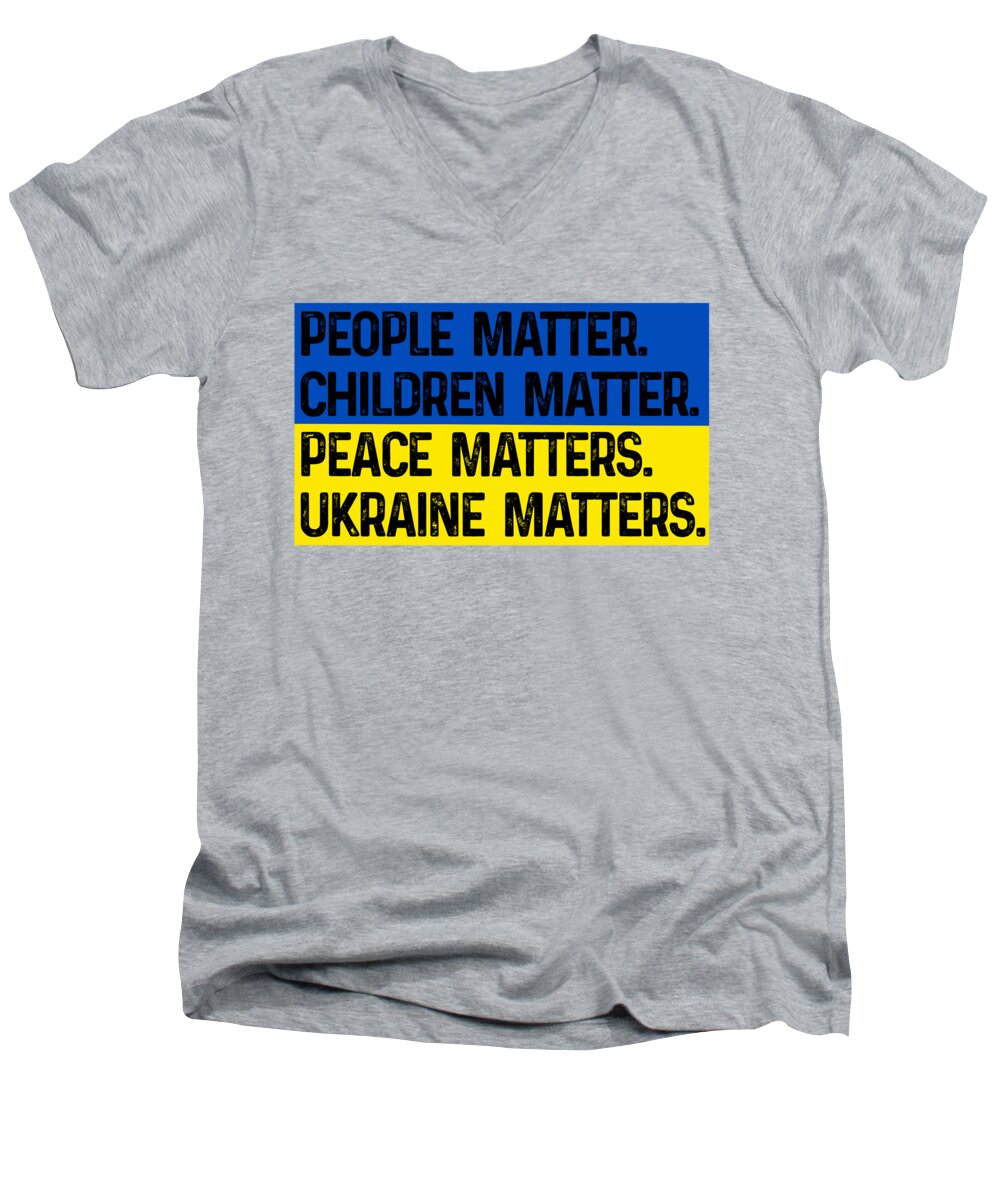 Men's V-neck t-shirt, heather gray, front 'Ukraine matters' slogan graphic
