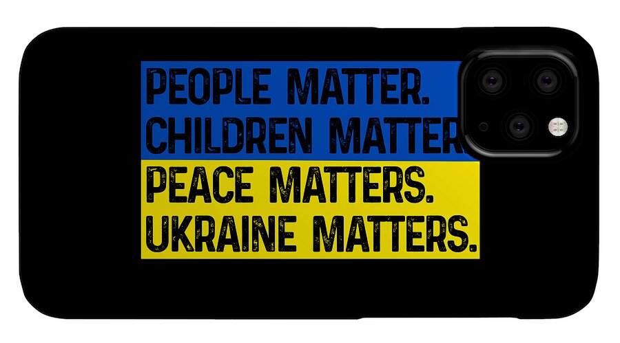 Black phone case with blue and yellow slogan panel “UKRAINE MATTERS” and camera module opening