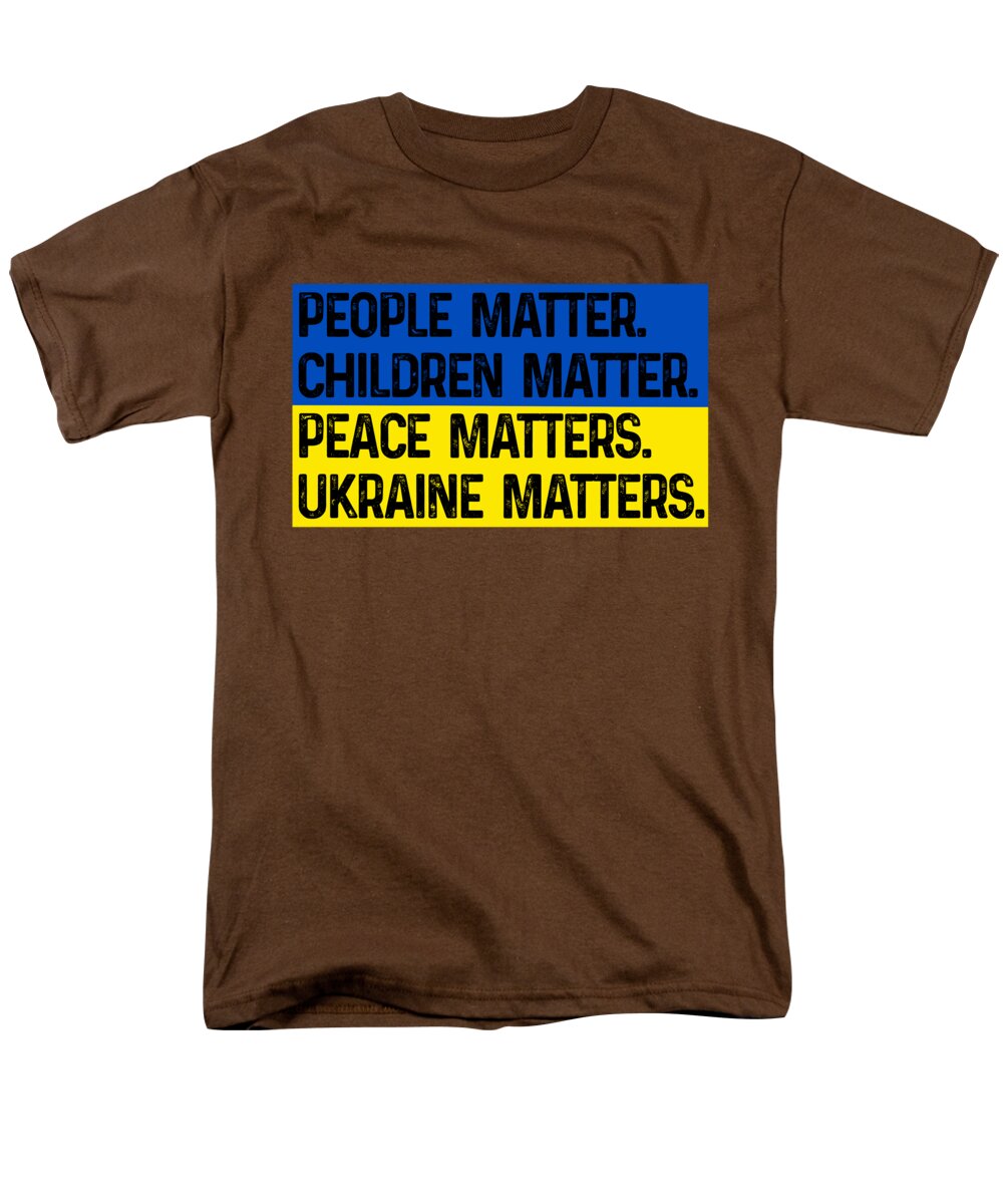 Men's brown T-shirt with front graphic text: PEOPLE MATTER, CHILDREN MATTER, UKRAINE MATTERS.