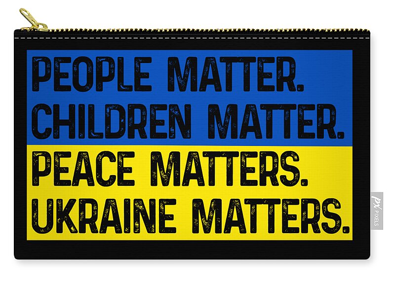 Black zip pouch with gold zipper, blue/yellow slogan: PEOPLE, CHILDREN, PEACE, UKRAINE.