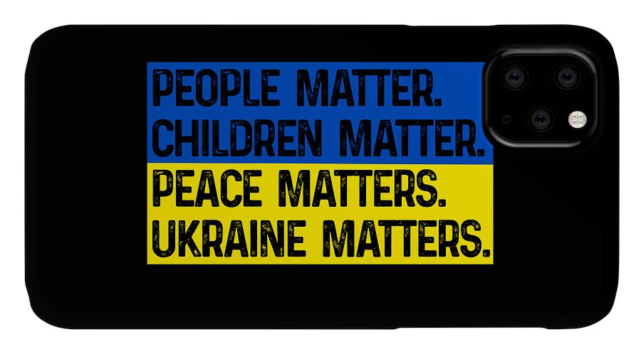 Black phone case with blue and yellow slogan panel “UKRAINE MATTERS” and multi-lens camera opening