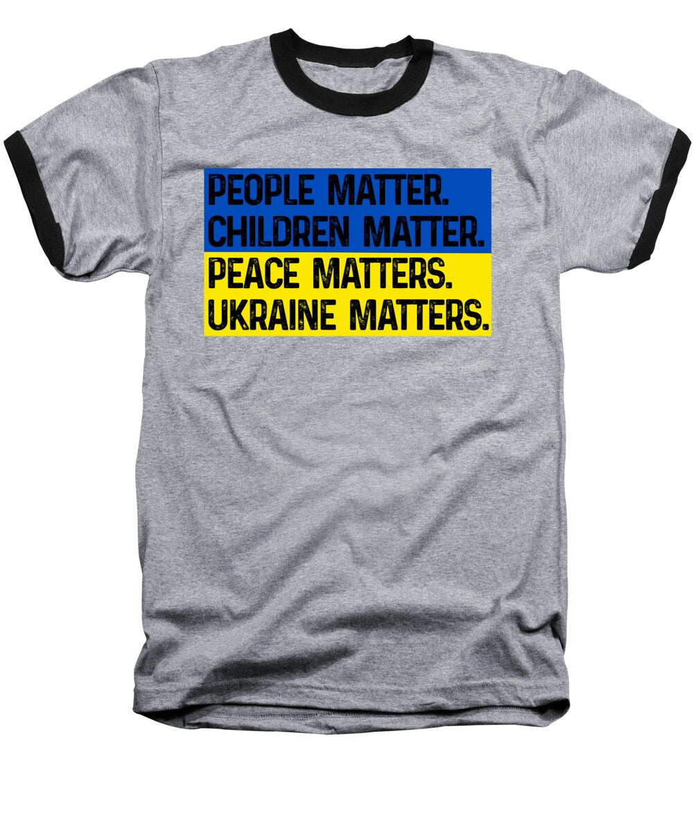 Baseball T-shirt in heather gray with black raglan sleeves; 'Ukraine Matters' text