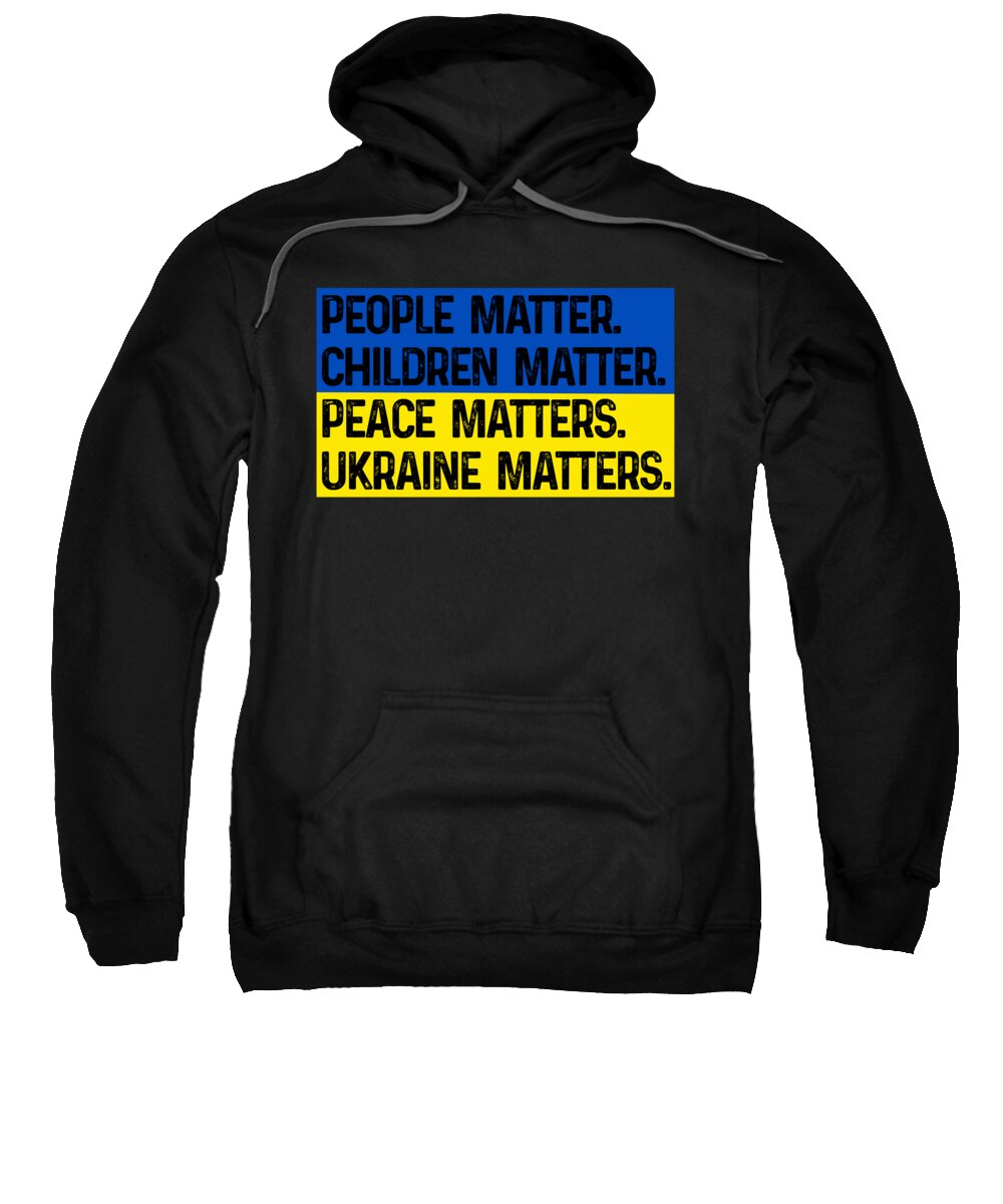 Black hoodie sweatshirt with front multicolor text graphic, People Matter Children Matter.