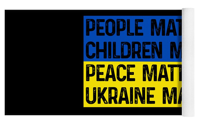 Black yoga mat with rolled edge and partial text: PEOPLE MATTER, CHILDREN M., UKRAINE M.
