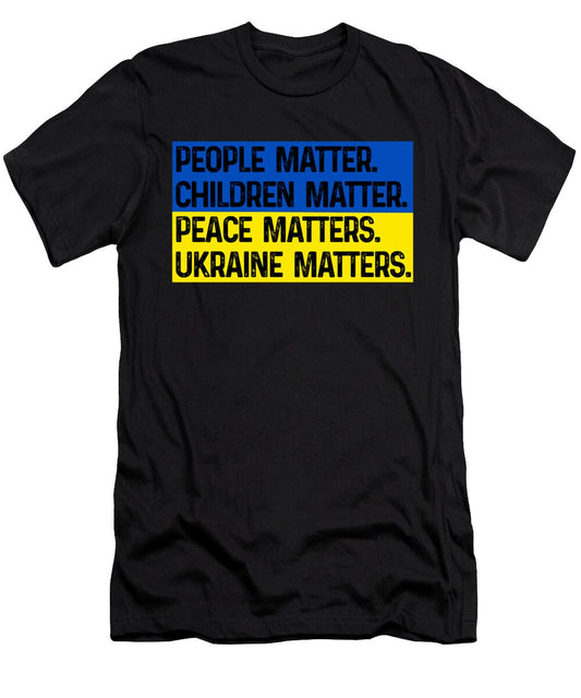 Black crew-neck T-shirt with bold statement text graphic