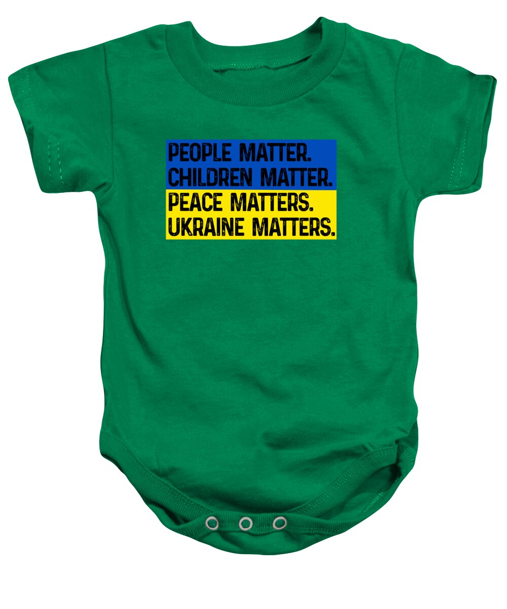 Green baby onesie with front graphic text "Ukraine matters"