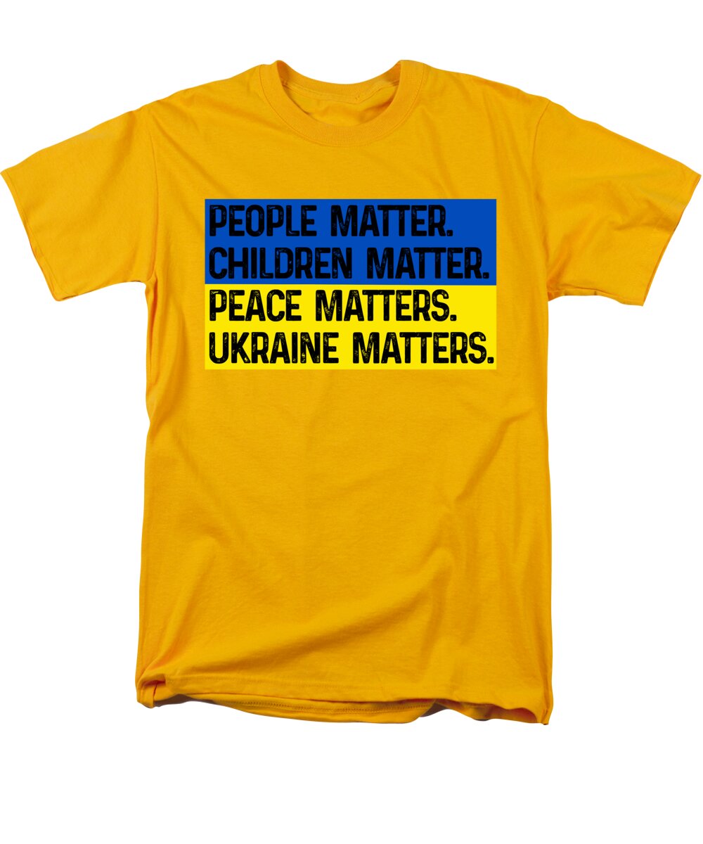 Men's yellow T-shirt with front graphic text: PEOPLE MATTER, CHILDREN MATTER, UKRAINE MATTERS.
