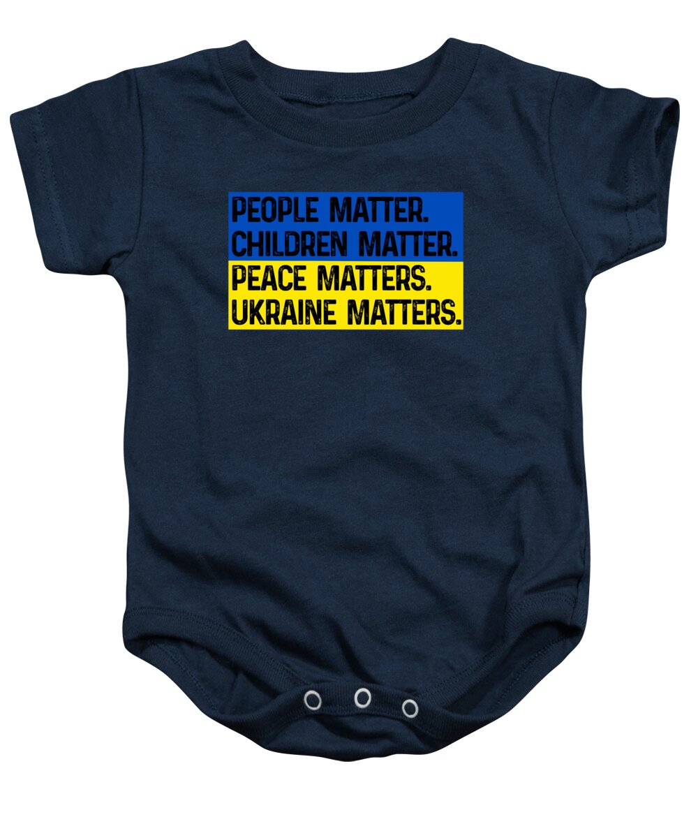 Dark blue baby onesie with front graphic text "Ukraine matters"