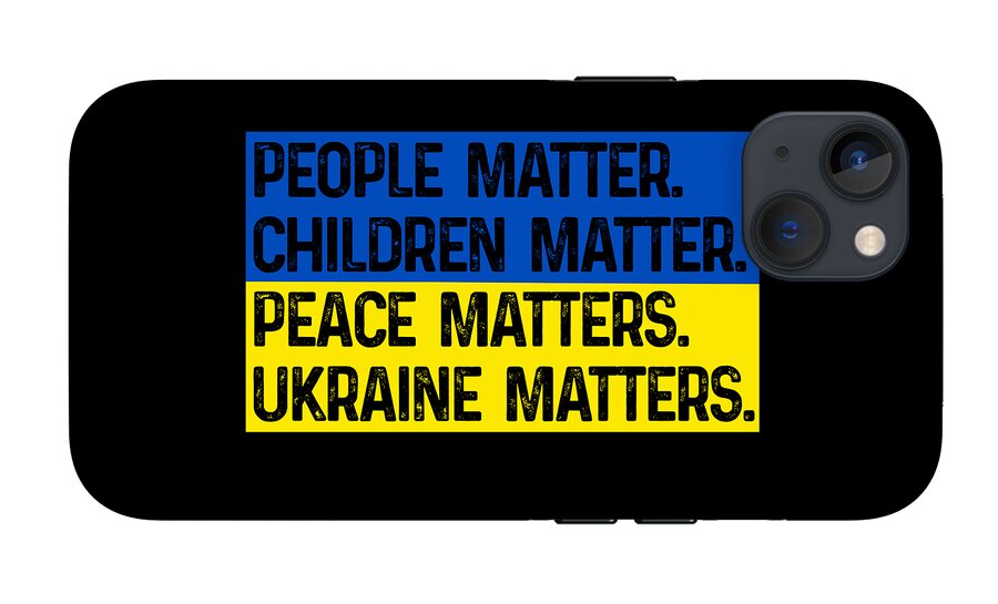 Black phone case featuring blue, yellow, and white text: PEOPLE MATTER, CHILDREN MATTER.