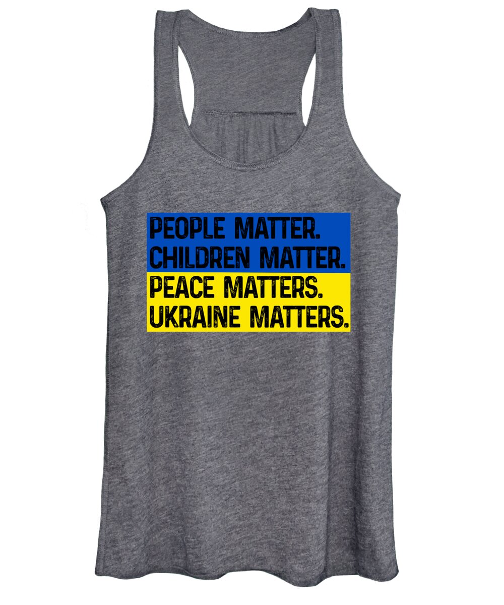 Charcoal women's tank top with People Matter slogan graphic and Ukraine Matters text.