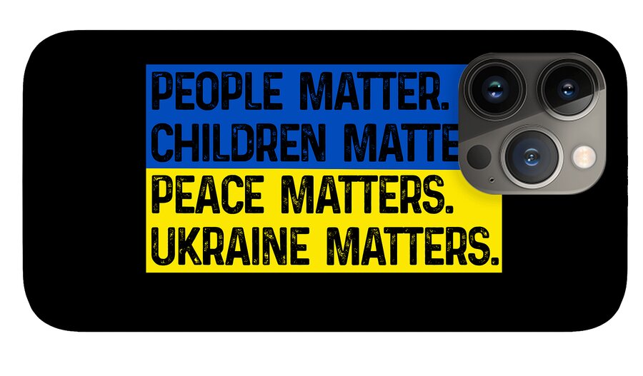 Black phone case with blue/yellow text block and multi-lens camera cutout: PEACE MATTERS.