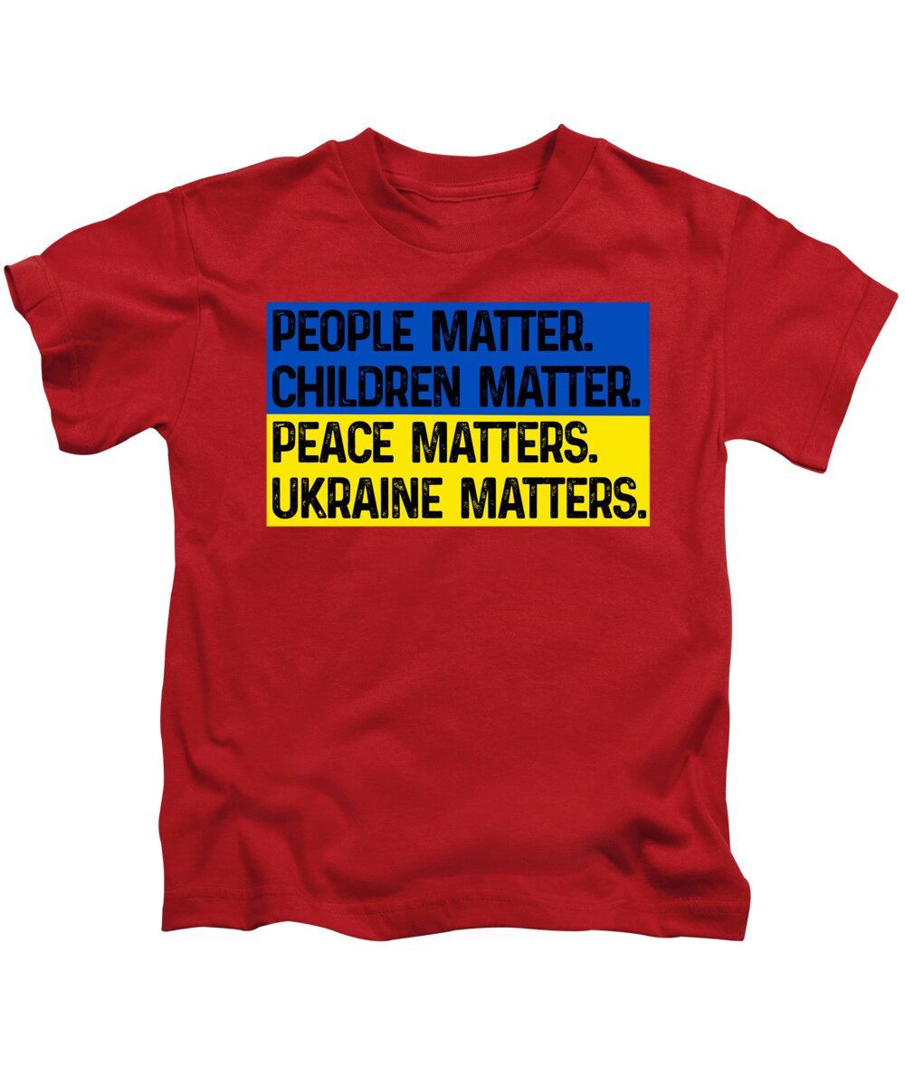 Kids Ukraine-themed t-shirt in red with blue and yellow message graphic