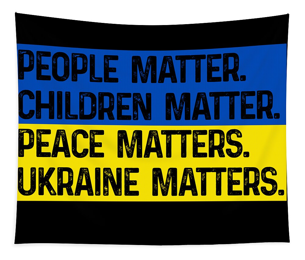 Ukrainian flag tapestry with blue/yellow bands and bold Peace matters text