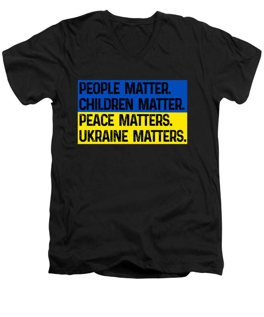 Men's V-neck t-shirt, black, front 'Ukraine matters' slogan graphic