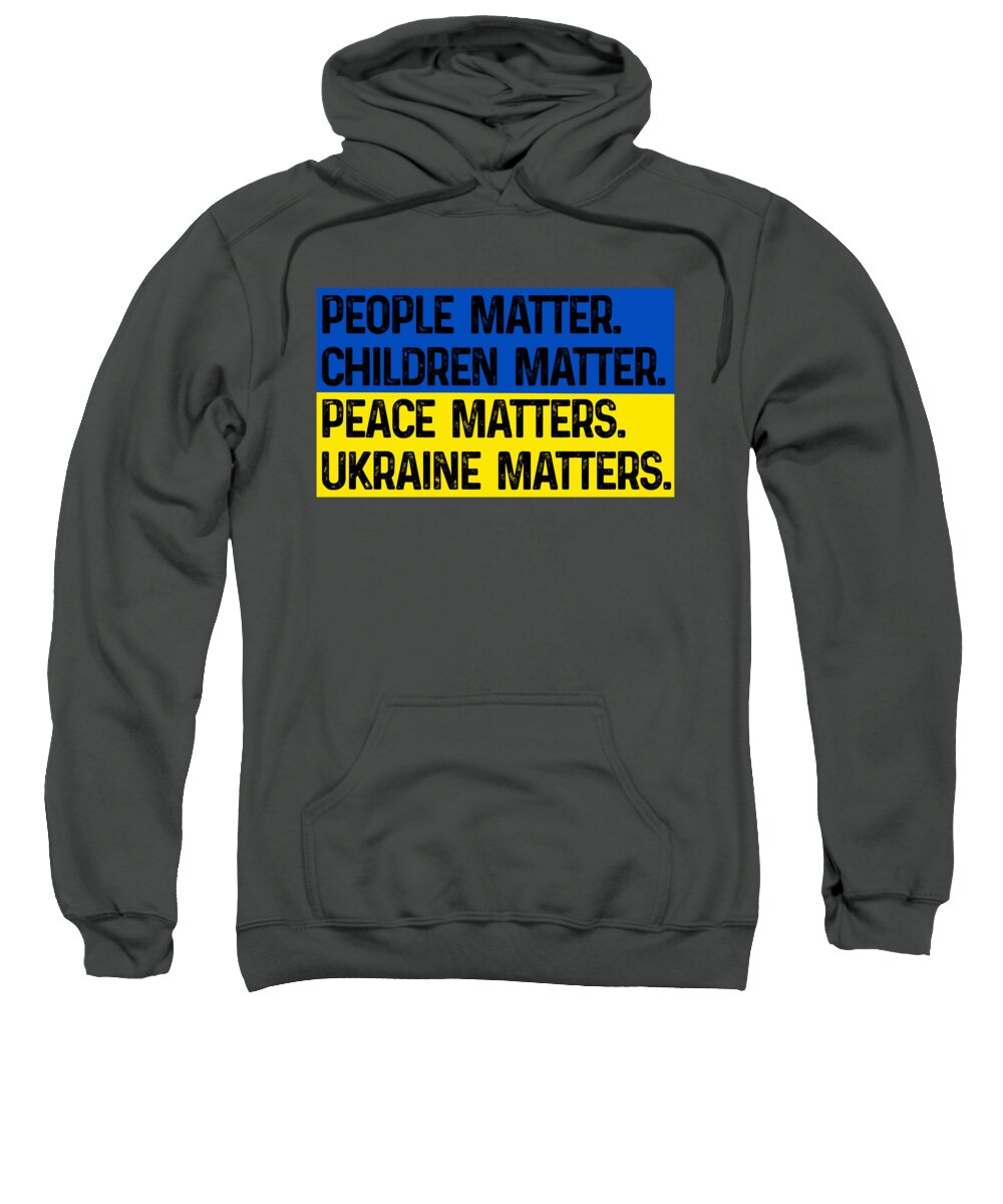 Charcoal hoodie sweatshirt with front multicolor text graphic, People Matter Children Matter.