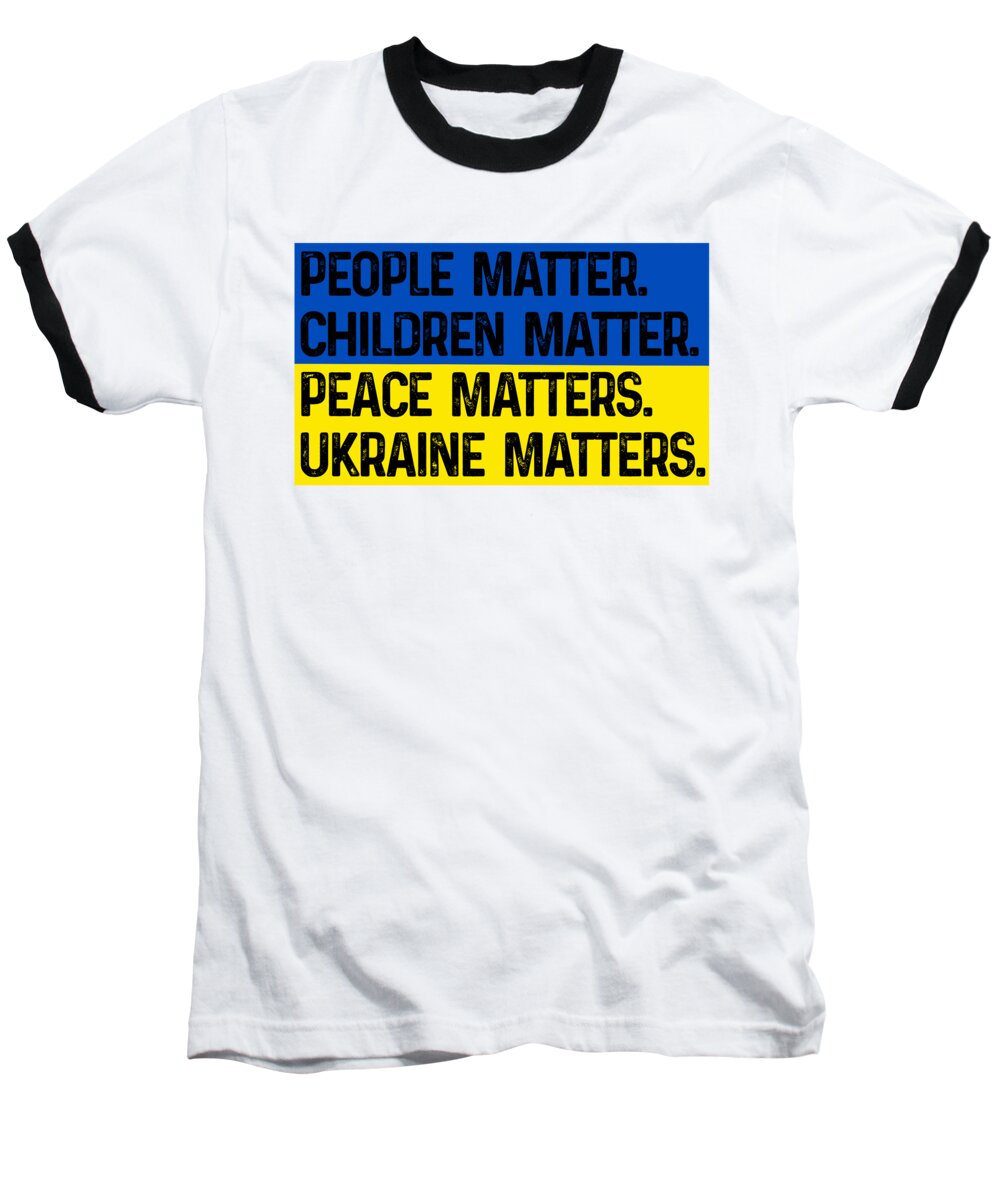 Baseball T-shirt in white with black raglan sleeves; 'Ukraine Matters' text print