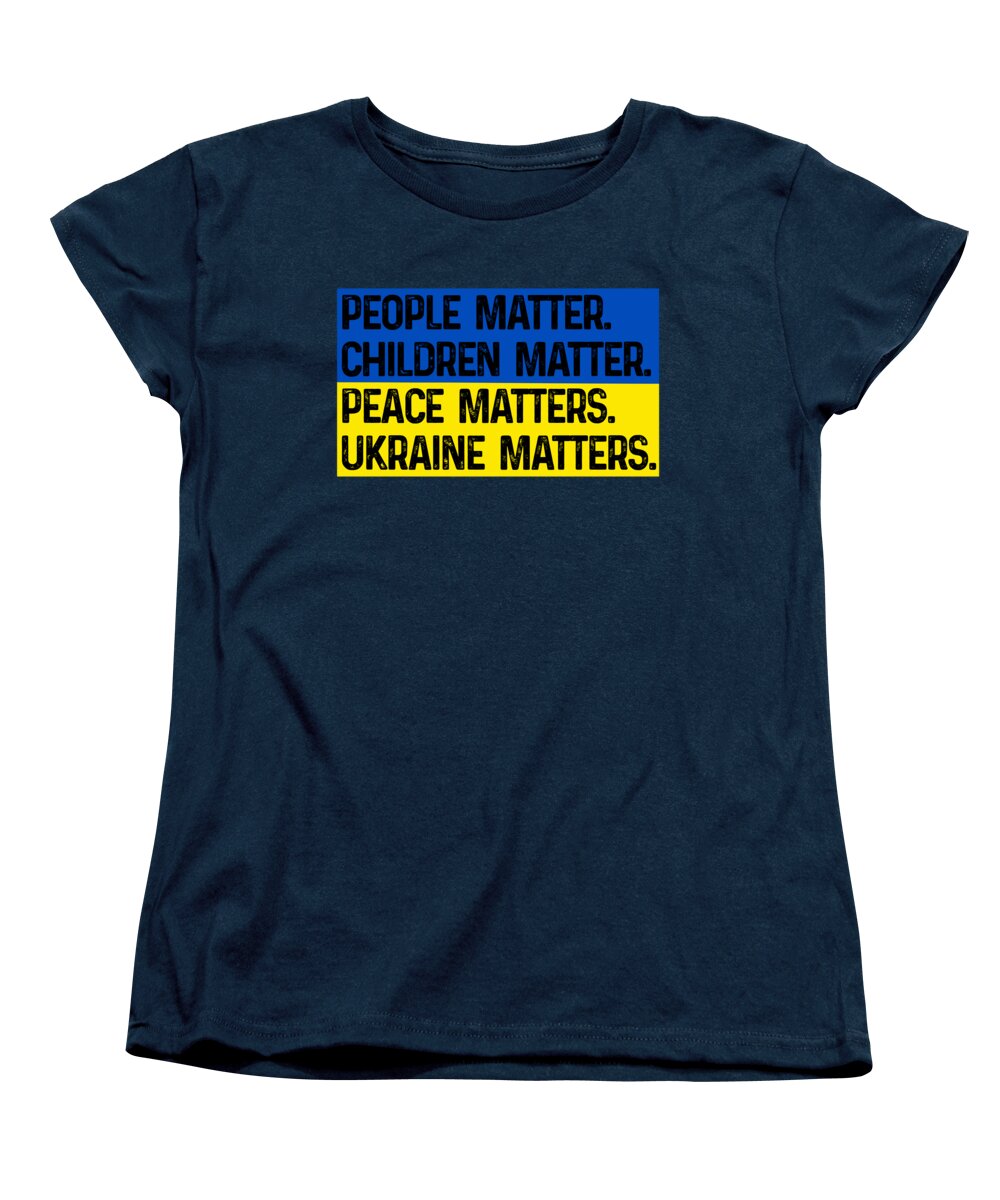 Women's navy crewneck T-shirt with bold text graphic: PEOPLE, CHILDREN, PEACE, UKRAINE MATTERS