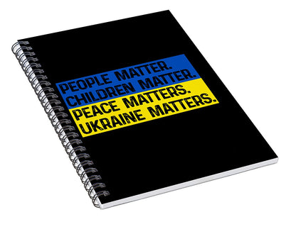 Spiral notebook, black cover with blue and yellow People Matter message blocks