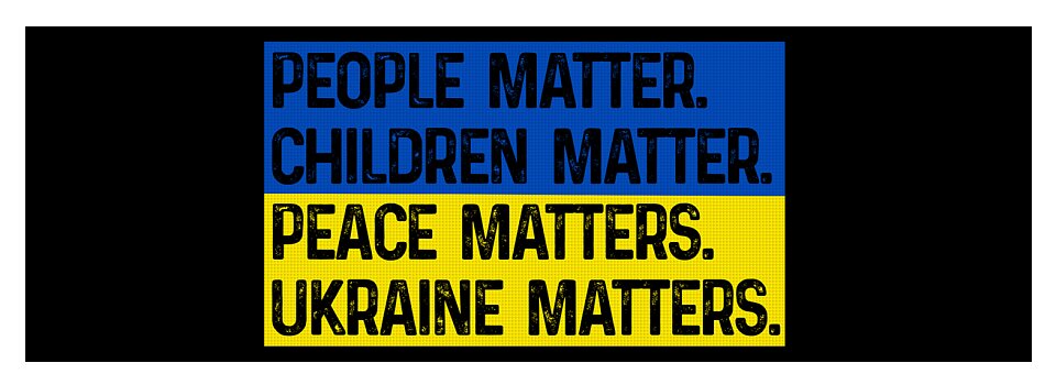 Black yoga mat with centered bold text: PEOPLE MATTER, CHILDREN MATTER, PEACE MATTERS, UKRAINE MATTERS.