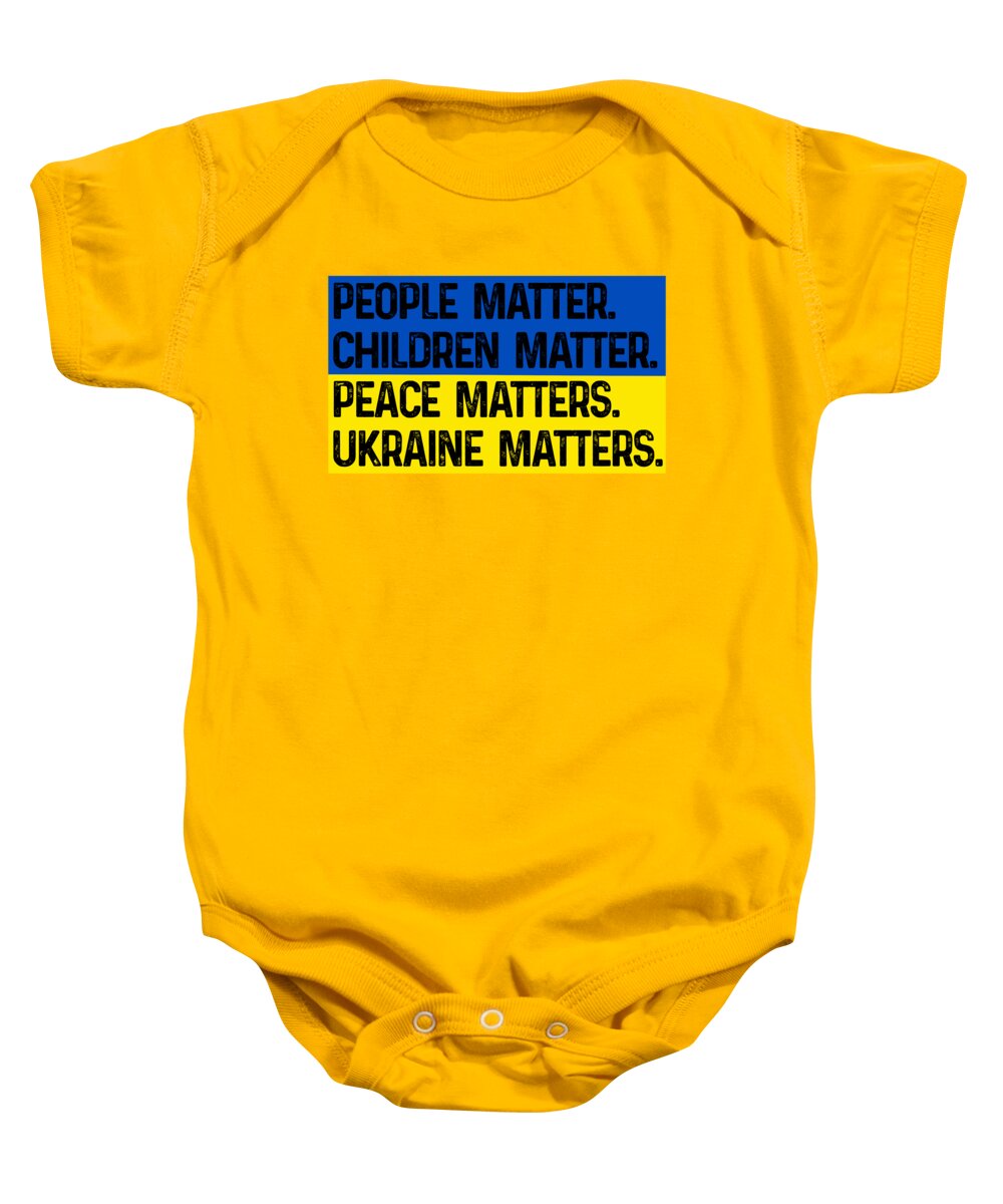 Yellow baby onesie with front graphic text "Ukraine matters"