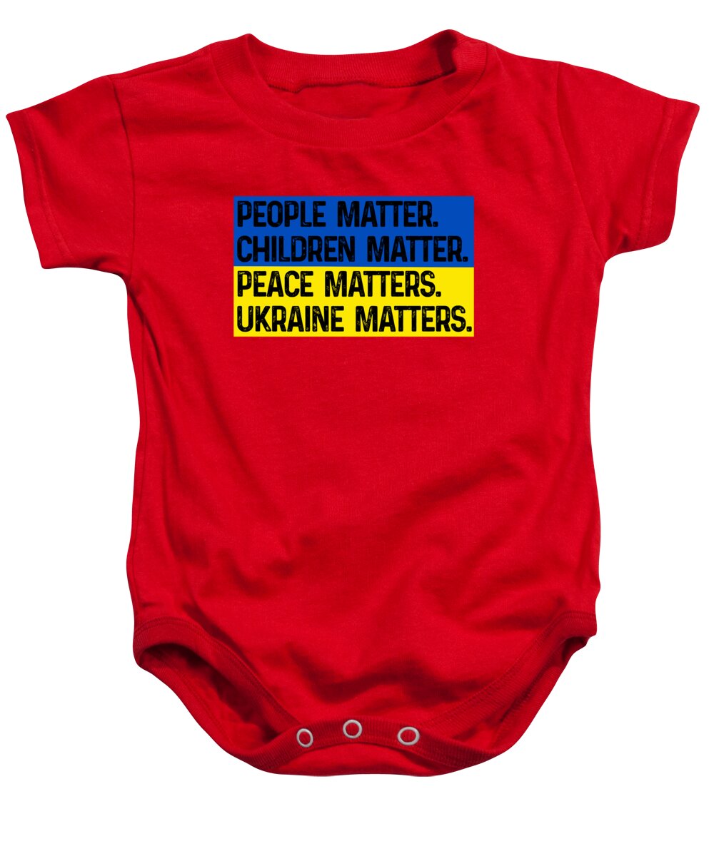 Red baby onesie with front graphic text "Ukraine matters"