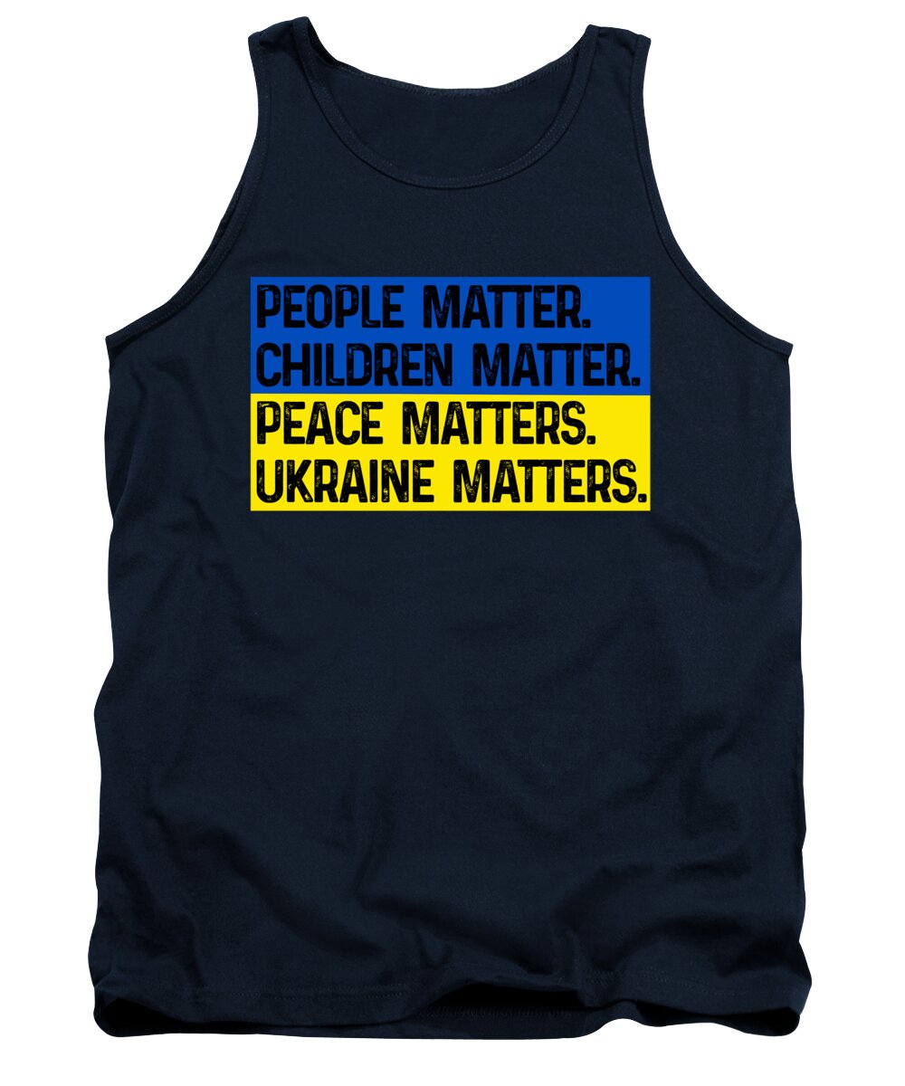 Navy tank top with front slogan graphic in blue and yellow: PEOPLE MATTER., UKRAINE MATTERS.