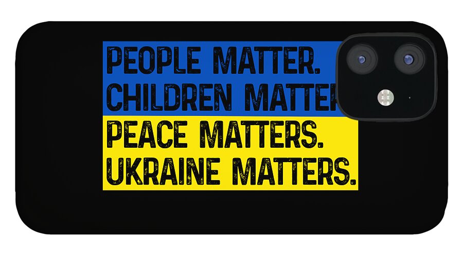 Black phone case with blue, yellow, and white text block and camera lenses visible.